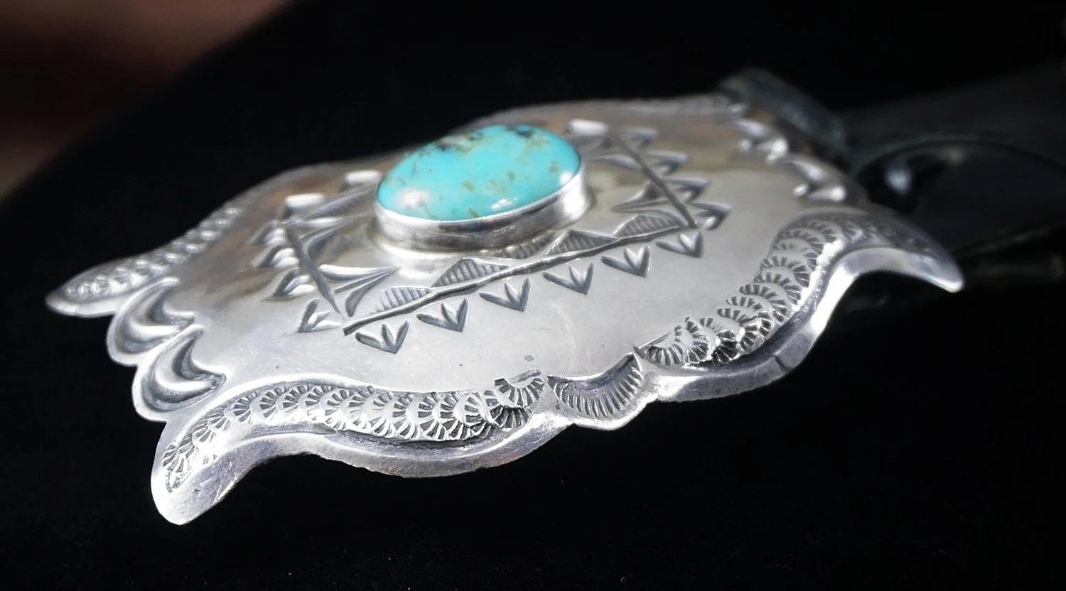 Item #862R- Navajo Turquoise Stamped Silver Concho Belt by A&J 