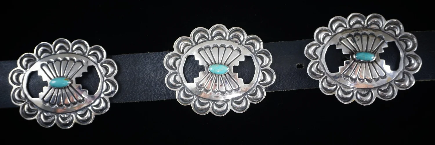 Item #862R- Navajo Turquoise Stamped Silver Concho Belt by A&J 