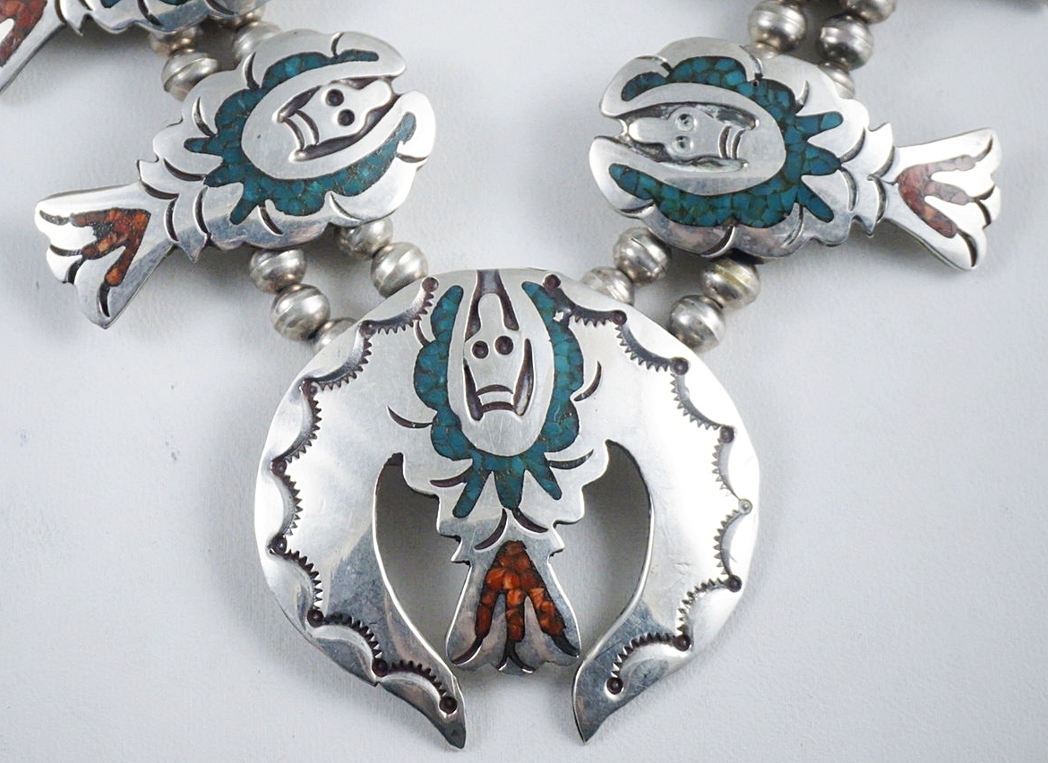 Silver Turquoise Fleur Collier Vintage Navajo Indian Beaded Zuni Inlay corail 