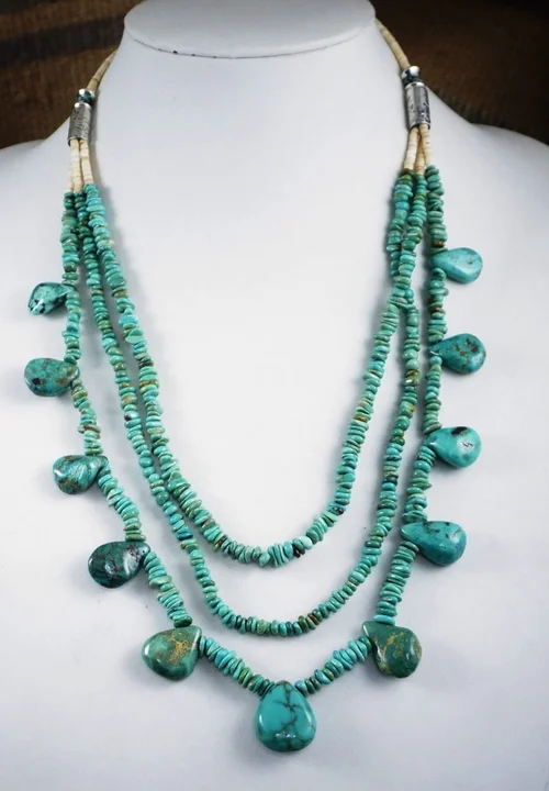 Item #867E- Navajo 3 Strand Fox & Royston Turquoise Teardrop  Vintage Navajo Carved Turquoise and Heishi Shell Triple Strand Necklace main image 0