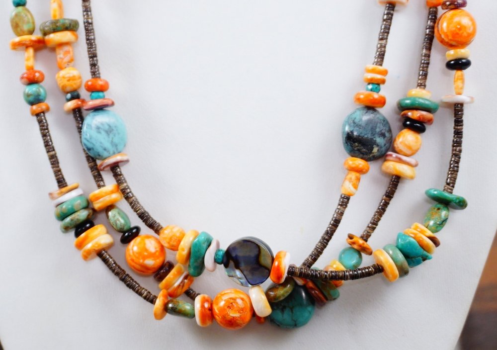 Item #867R- Navajo 3-Strand Orange Spiny Oyster Turquoise Abalone Heishi  Shell Treasure Necklace by E&M Teller —*Native American Multi Color Stone 