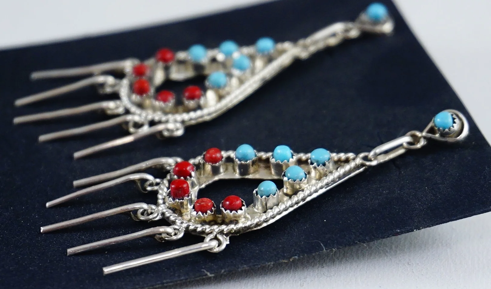zuni-turquoise-coral-cluster-silver-teardrop-dangle-earrings-869E-1.JPG