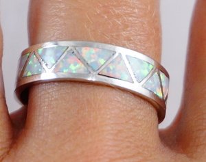 Item #843R- Zuni Lab Opal Zig Zag Inlay Ring Bands Item #843R- Zuni Lab Opal Zig Zag Inlay Ring Bands