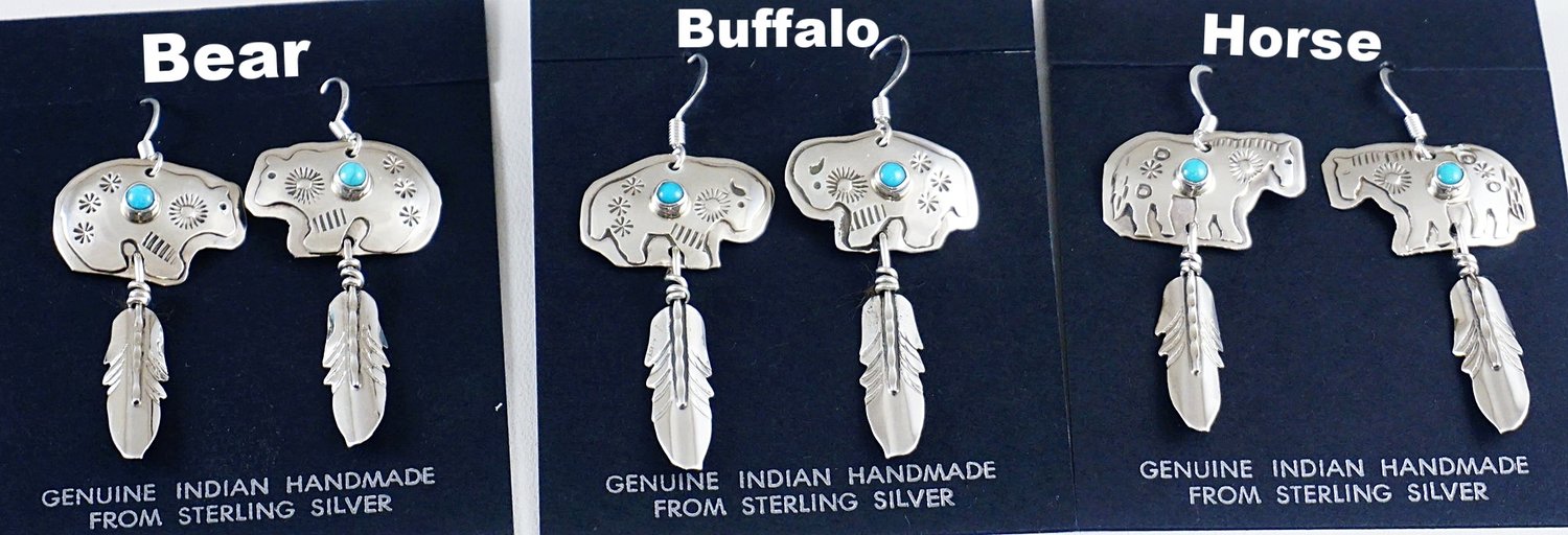 Navajo Sterling Silver & Turquoise Buffalo Feather Dangle Earrings.
