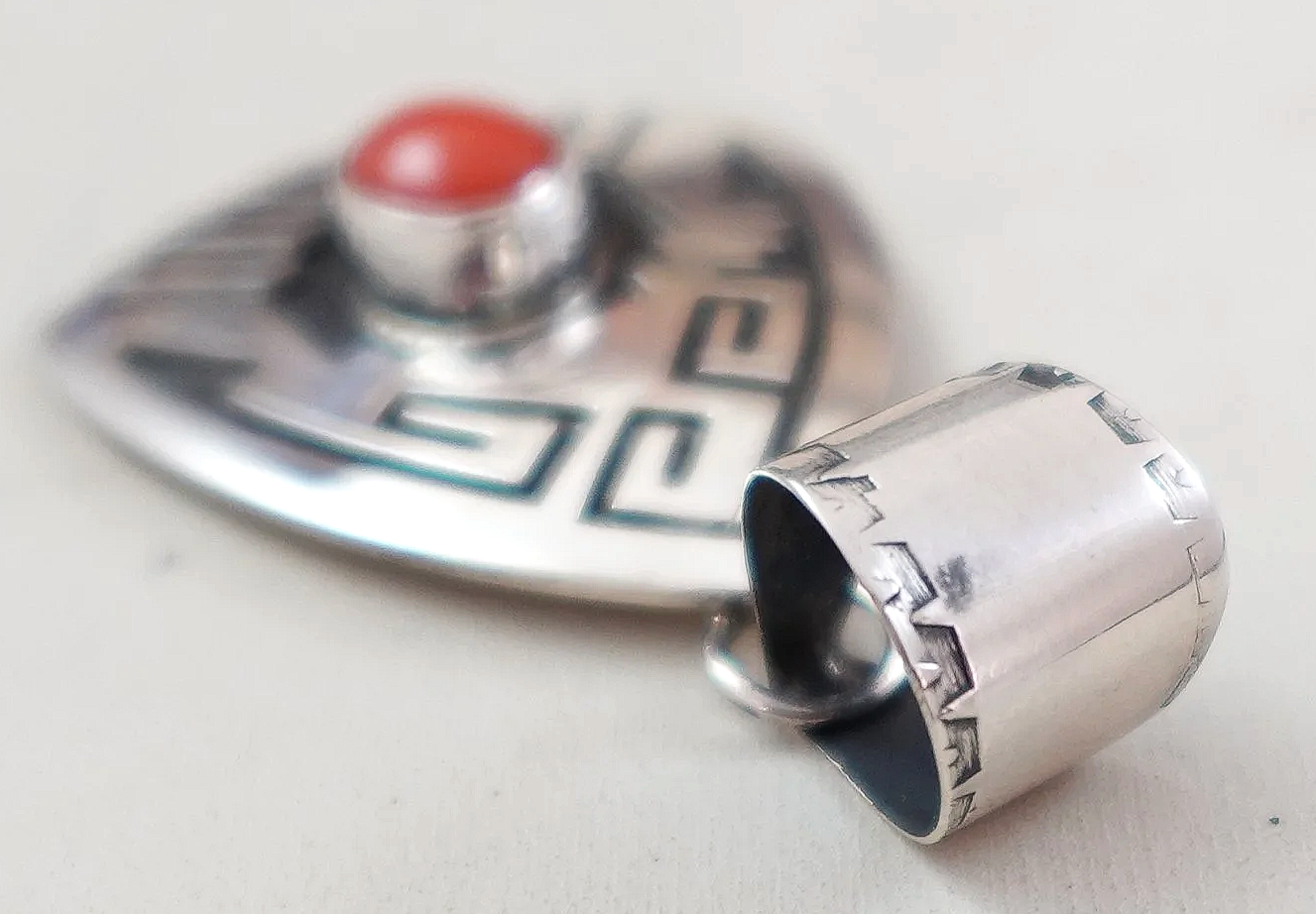 Navajo Mediterranean Coral Sterling Silver Symbols Overlay