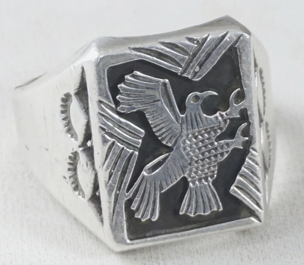 Item #887H- Vintage Navajo Men's Eagle Overlay Sunrise Stamped