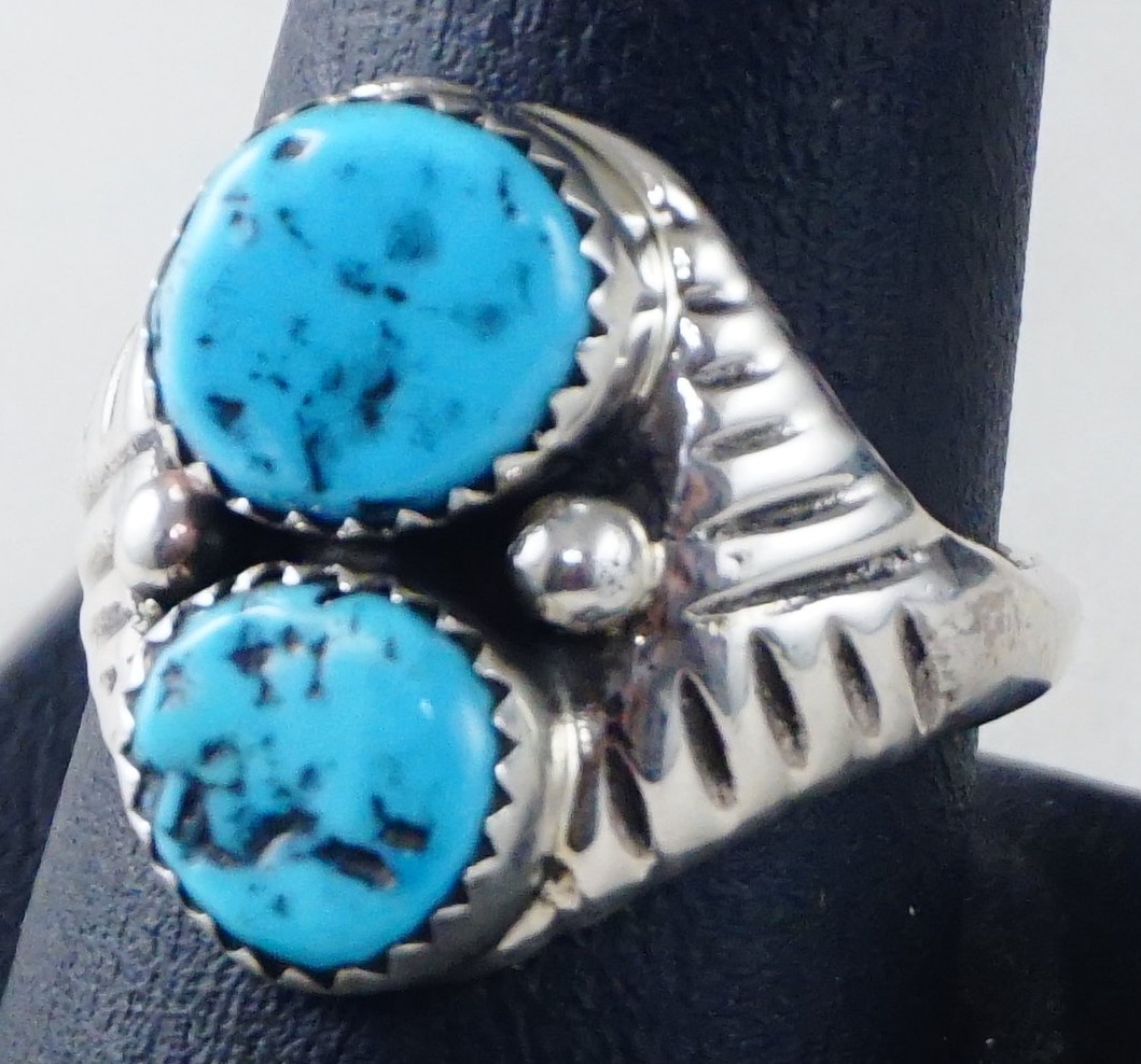 Navajo Inlay Kingman Turquoise  and  Sterling Silver Ring Sz 10