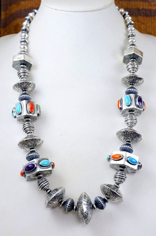 Item #889H- Handmade Navajo High End Multi Stone Textured Multiple Sterling Silver Beaded Necklace by E&M Teller —Native American Jewelry - Multi