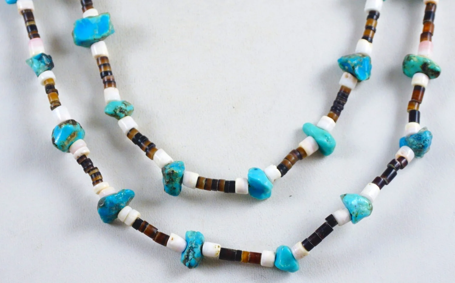 Item #892B- Vintage Double Strand Navajo Turquoise Nuggets White Dark Pin  Shell Heishi Beaded Necklace —Men's and Women's Native American Jewelry 