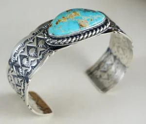 Item #898B- High End Large Men's Navajo Blue Royston Turquoise Stamped  Sterling Silver Cuff Bracelet by Travis Teller —Women's and Men's Turquoise 