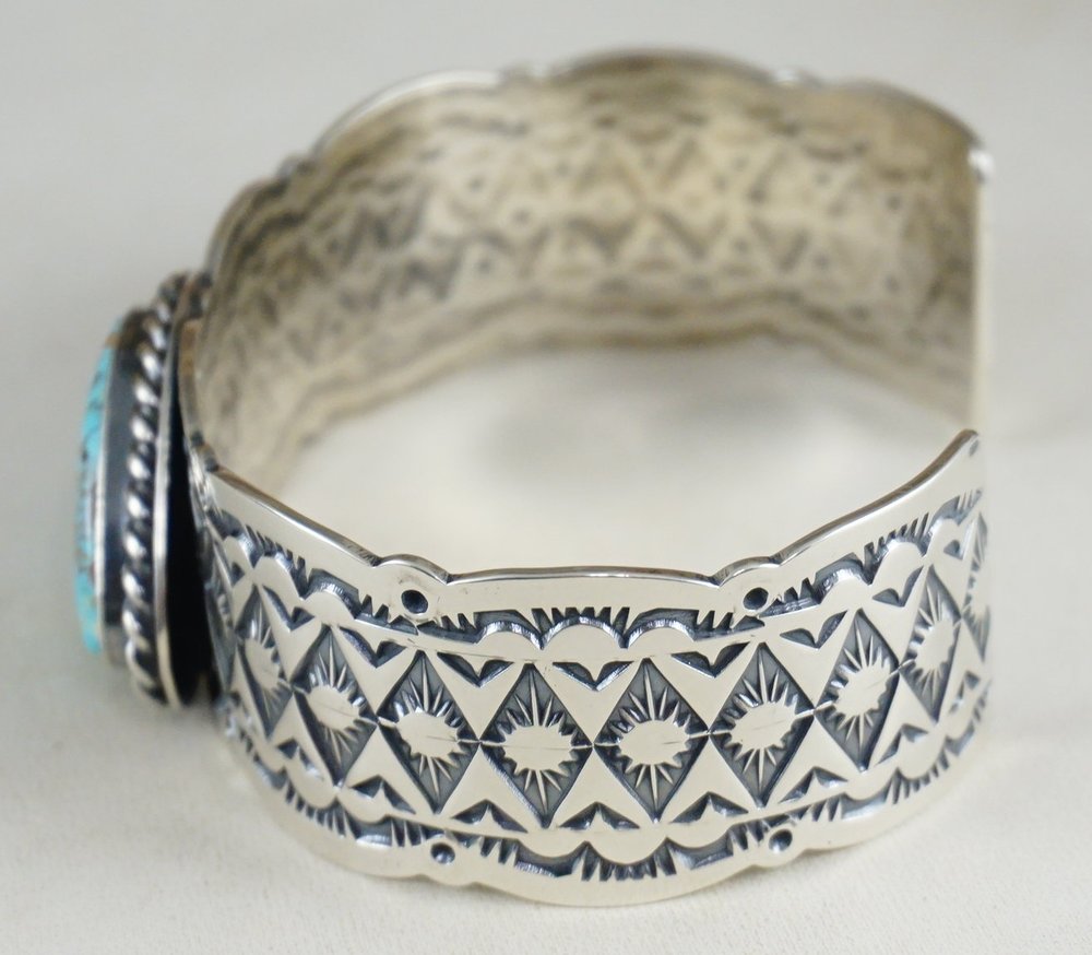 Item #898B- High End Large Men's Navajo Blue Royston Turquoise Stamped  Sterling Silver Cuff Bracelet by Travis Teller —Men's and Women's Native