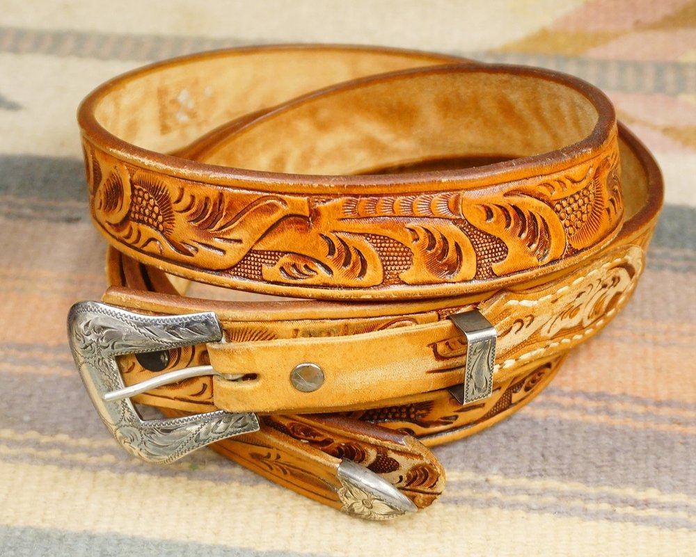 Item #898Z- Men's Vintage 3pc Stamped Sterling Silver Ranger Buckle Set  w/Decorative Belt —Ranger Belt Buckle Sets Native American Jewelry