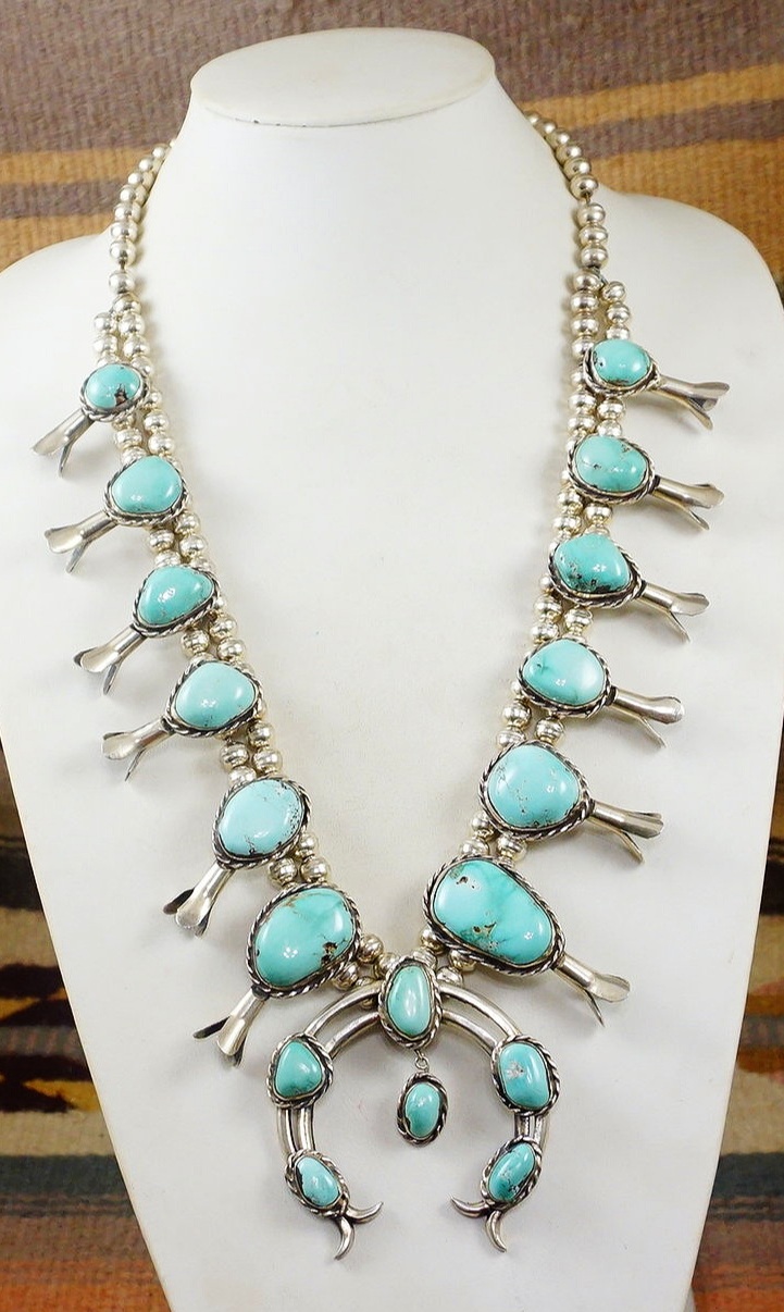 18-stone Kingman turquoise Navajo squash-blossom necklace (with matching  earrings) by Augustine Largo. SOLD!#2109 | HIGH PLAINS JEWELRY