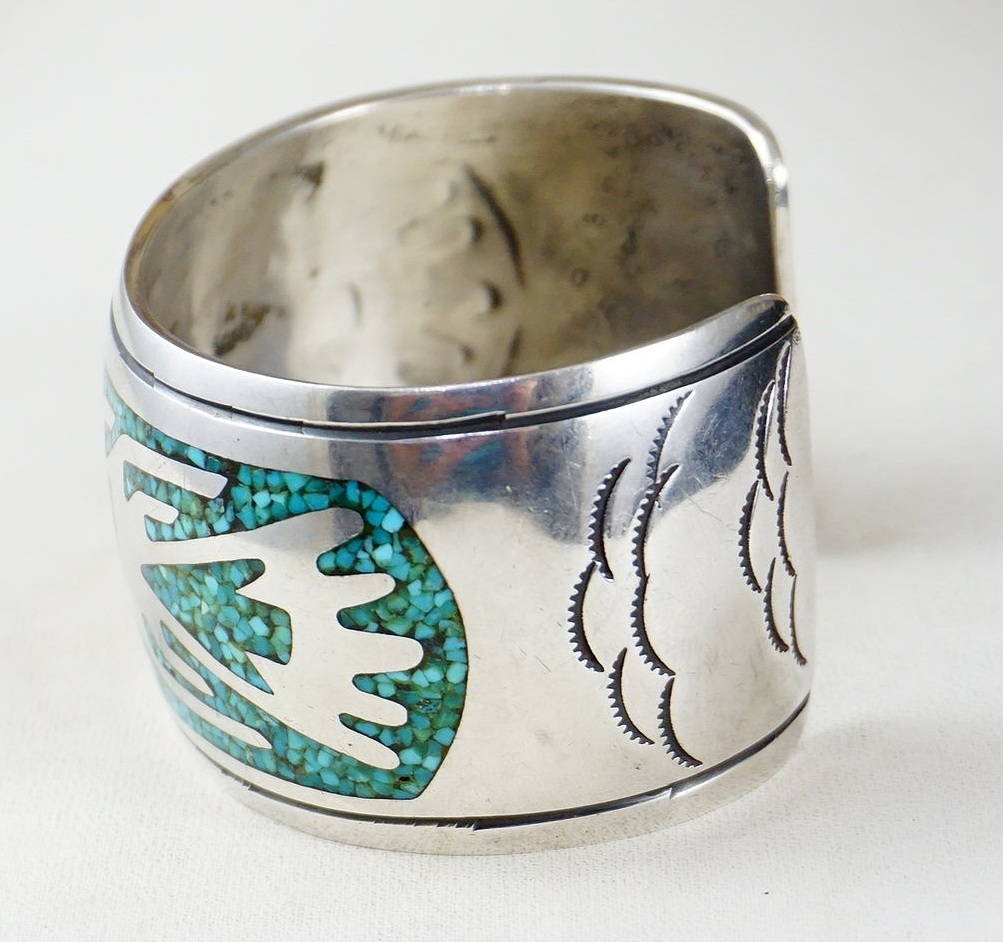 Details about   SIGNED T T STERLING TURQUOISE CORAL INLAY CUFF BRACELET WITH STAMPWORK SZ S 