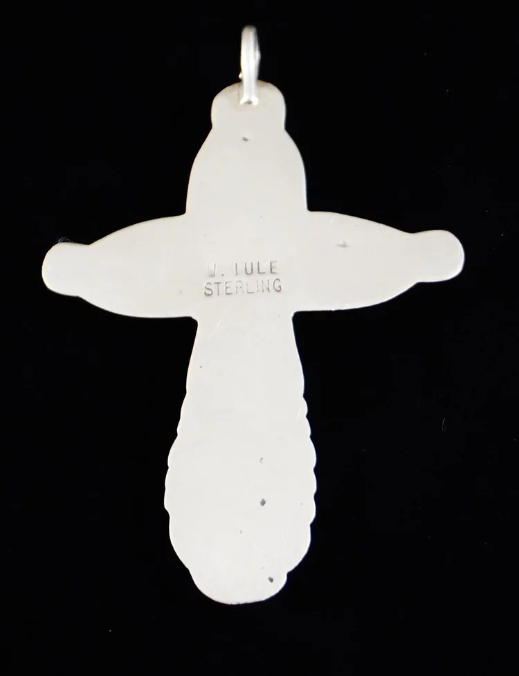 Pendentif Croix Zuni En Argent 925 - Turquoise Sleeping Beauty - Signé C. Iule Années 80