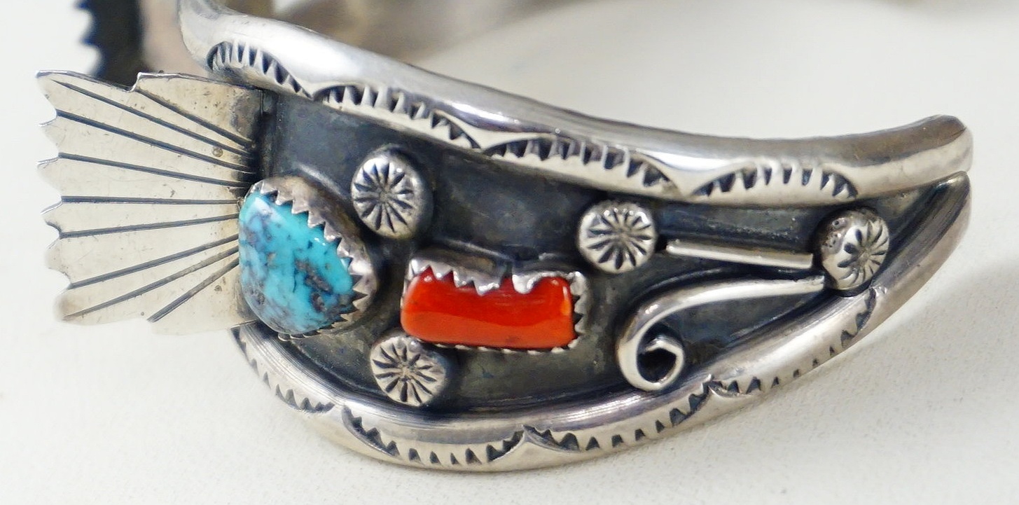 Market Square Jewelers Navajo Turquoise Coral Sterling Silver Watch Band Cuff