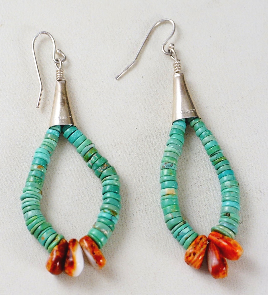 Item #567X- Santo Domingo Turquoise Spiny Oyster Heishi Jacla Earrings  —Native American Heishi and Shell Earrings- EAGLE ROCK TRADING POST-Native  