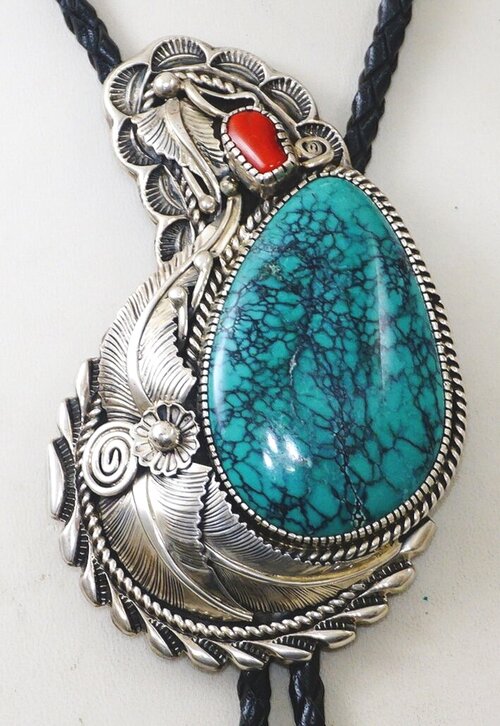 Vintage Native American Bolo Tie Turquoise and Coral