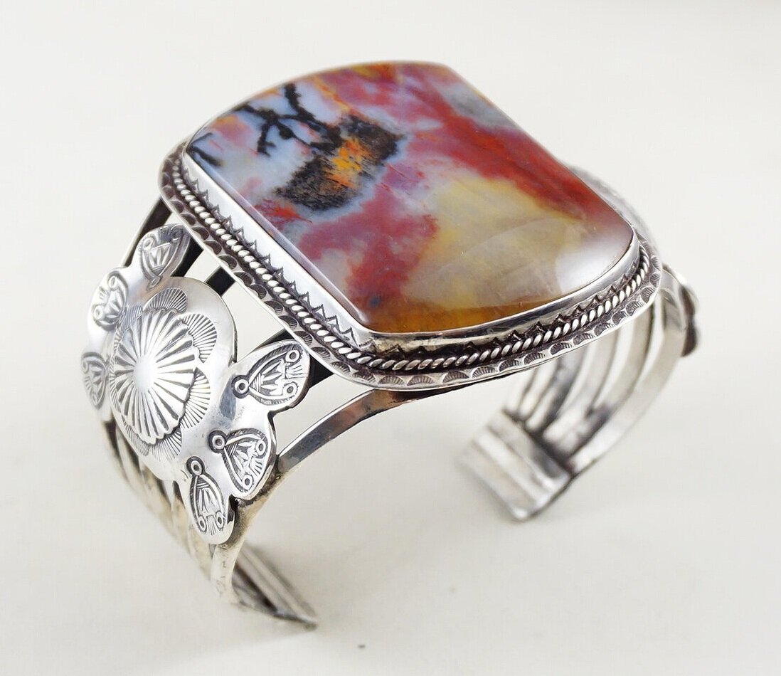 Item #923R- XLG Vintage 40's-50's Navajo Plume Agate Decorative Stamped  Silver Carinated Wire Cuff Bracelet —Men's and Women's Various Stone &