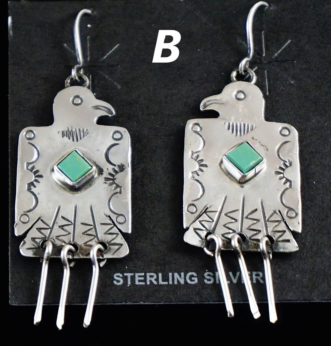 Navajo Sterling Silver Turquoise Stamped Thunderbird Dangle Earrings 