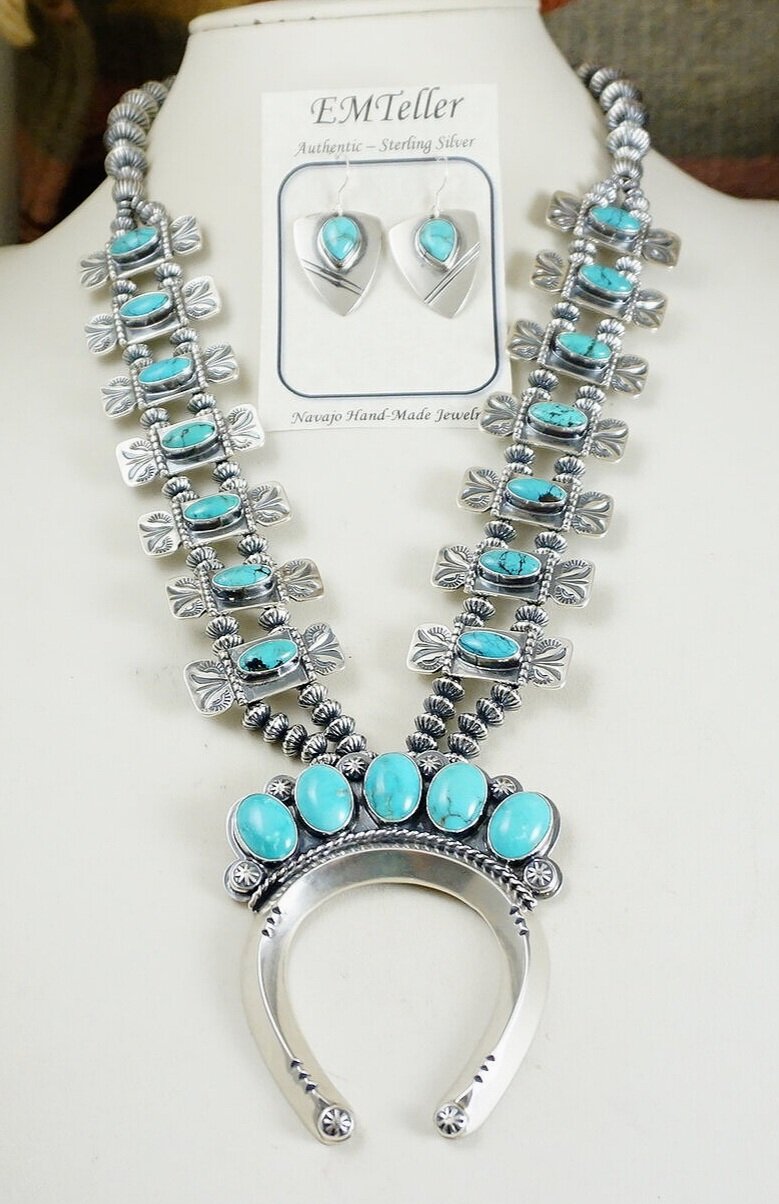 Squash Blossom Necklace W/ Turquoise Pendent Sterling; Pendent 3 1/2