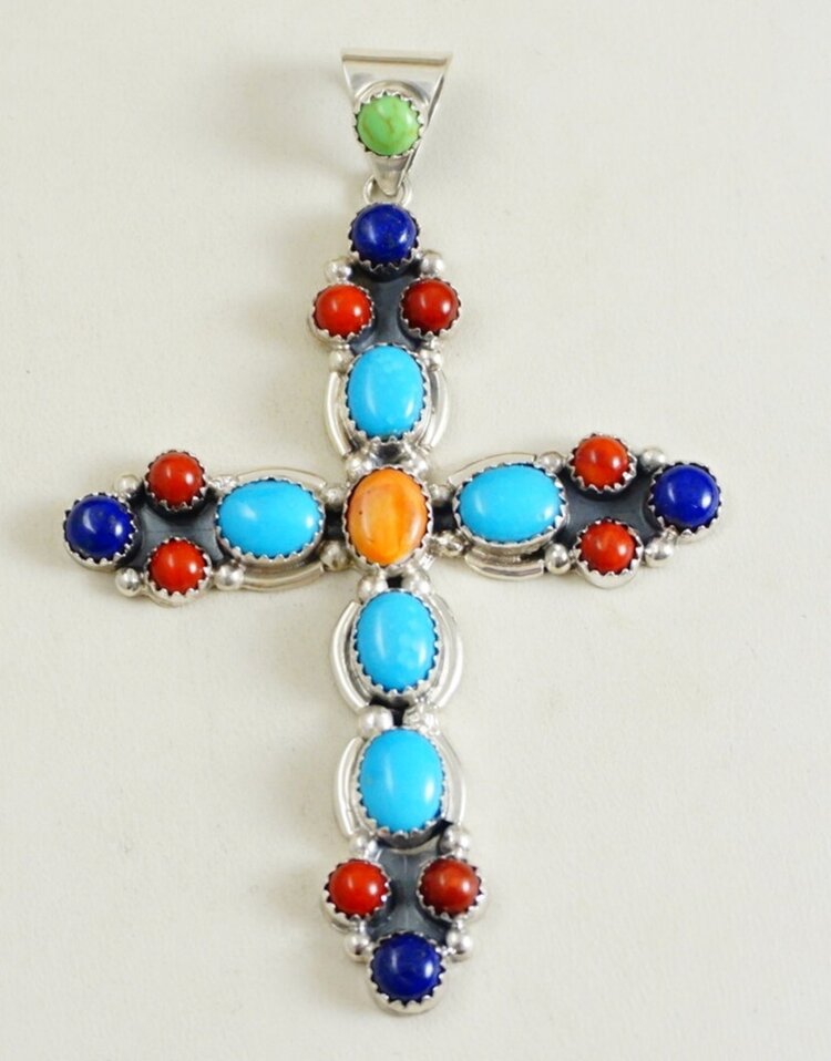 Item #948Z- Large 3 1/2 Navajo Multi Stone Sterling Silver Cross Pendant by Circle J.W. —Native American Jewelry - Cross Pendants