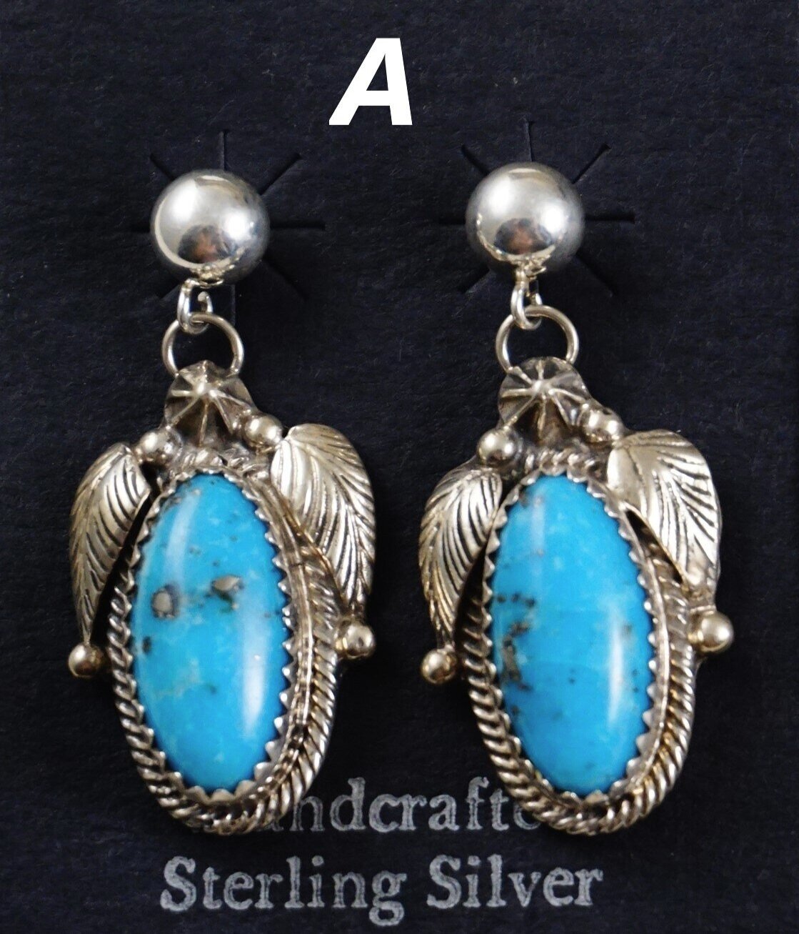 Details about    Turquoise Sterling Silver Wire Feather and Stone Earrings by Navajo Artist 