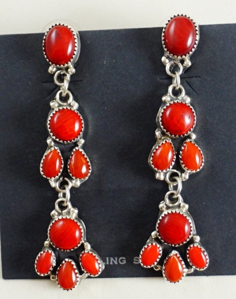 Navajo Sterling Silver and Coral Dangle Earrings