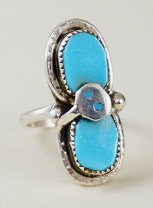 Item # 669A- Zuni Double Turquoise Snake Sterling Silver Rings by G. CALAVAZA