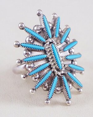 Item #920Z- Women's Zuni 15 Stone Turquoise Needlepoint Satellite Cluster Sterling Silver Rings by Cecilia Lasiloo