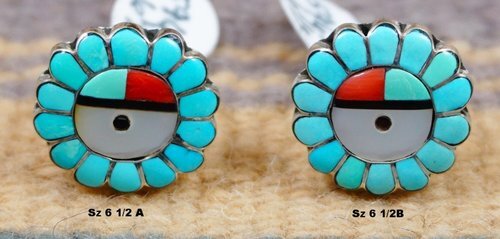 Item # 596N-Zuni Sunface Turquoise Flower Rings by L.Lalio Sz 6 1/2