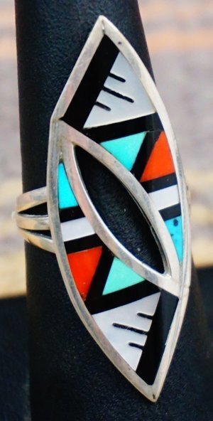 Item # 726E-Lg Zuni Multi Stone Geometrical Inlay Ring by M.Boone Sz 7 3/4