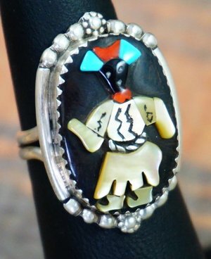 Item # 595W-Zuni/Isleta Multi Stone Raised Apache Ghan Dancer Ring by J.Calabaza Sz 5 3/4