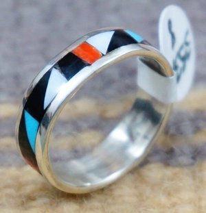 Item # 553K- Zuni Multi Stone Geometrical Inlay Full Wrap Ring Bands by R.Lalio