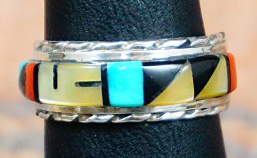 Item # 554N-Zuni Multi Stone Geometrical Inlay Double Band Ring by Q.Bowannie Sz 6 1/2