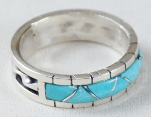Item #884R- Men's Zuni Turquoise Zig Zag Inlay Sterling Silver Twist Ring Band by Phylis Lucio 