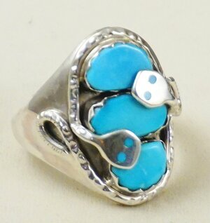 Item #943W- Men's Zuni Triple Sleeping Beauty Turquoise Sterling Silver Double Snake Ring by Joy Calavaza 