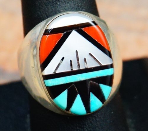 Item # 670T- Zuni Oval Faced Multi Stone Geometrical Inlay Cast Ring Sz 10 by Larry Leslie