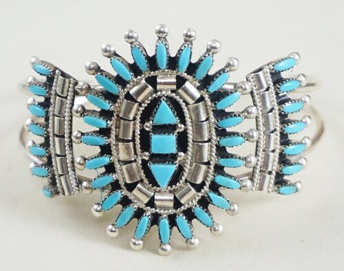 Item #921E- Women's Zuni Turquoise Petit Point Cluster Sunburst Sterling Silver Cuff Bracelet by Evinne Hustito