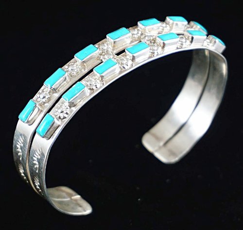 Item #784K- Zuni 14pc Sleeping Beauty Turquoise Silver Flowers Double Cuff Bracelet by E.Bowannie