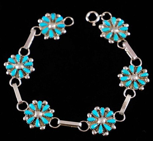 Item #799A- Zuni Turquoise Pettitpoint Flower Link Bracelet by D.Leekity