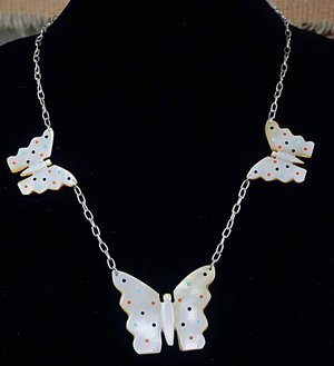 Item # 686A- Zuni 3pc Shell Carved Decorated Butterfly Necklace by C.BEYUKA