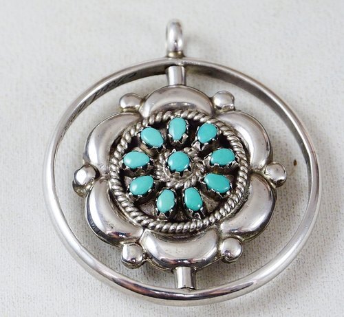 Item #883F- Zuni Turquoise Coral Petit Point Sun Silver Moons Spinner Collector's Pendant by Fred &amp; Elsie Lonconsello