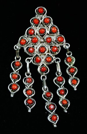 Item # 682A- Lg Zuni 31pc Coral Snake Eye Custer w/Dangles Pin/Pendant by W.JOHNSON