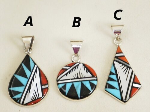 Item #943K- Zuni Multi Stone Geometric Inlay Sterling Silver Pendants by CC Booqua ~ 3 Varieties