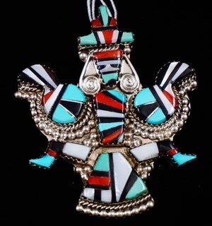 Item # 667H- Lg Zuni Multi Stone Inlay Decorated Knifewing Pin/Pendant by H.E.CELLICION