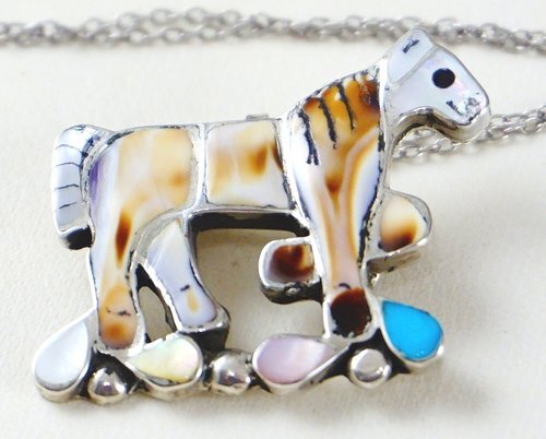 Item #908N- Zuni Multi Stone Inlay Horse Teardrops Silver Pin/Pendant w/chain by E.Leekity
