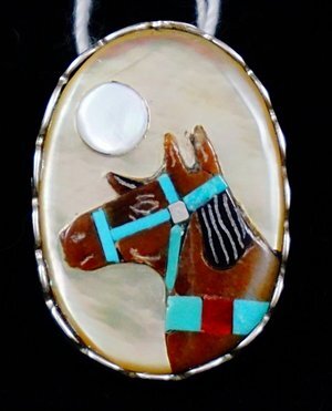 Item # 614F- Zuni Multi Stone Inlay Horse &amp; Moon Pendant by Bobby Concho