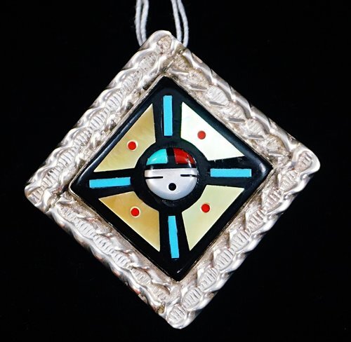 Item # 536E- Lg Zuni Multi Stone Inlay Directional Sunface Pin/Pendant by F.Luna