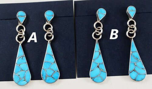 Item #942F- Zuni Turquoise Mosaic Inlay Teardrop Sterling Silver Dangle Earrings by Lucille Johnson